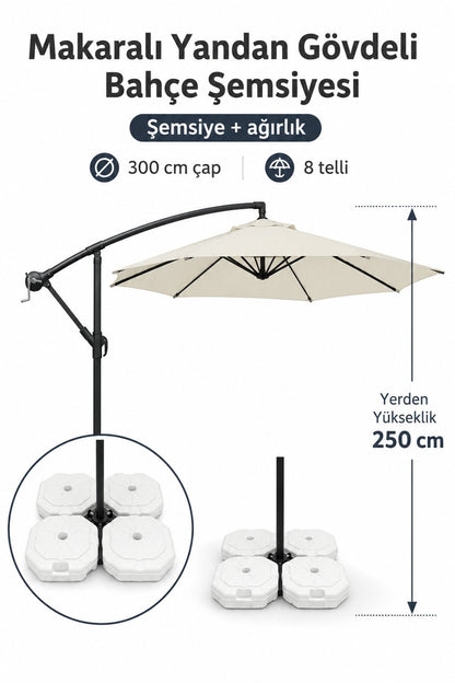 Makaralı Krem Bahçe Şemsiyesi 300 cm Çap / 8 Telli + 4'lü 20 lt Sabitleyici Bidon DAHİLDİR
