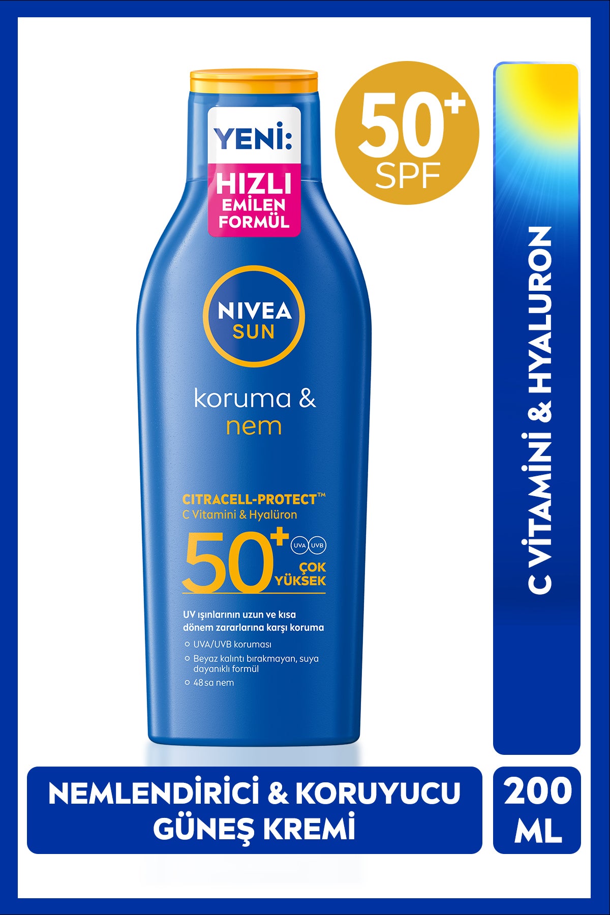 SUN SPF50+ Güneş Koruyucu Vücut Losyonu 200ml, Nemlendirici, Suya Dayanıklı, Yeni Nesil UV Filtresi