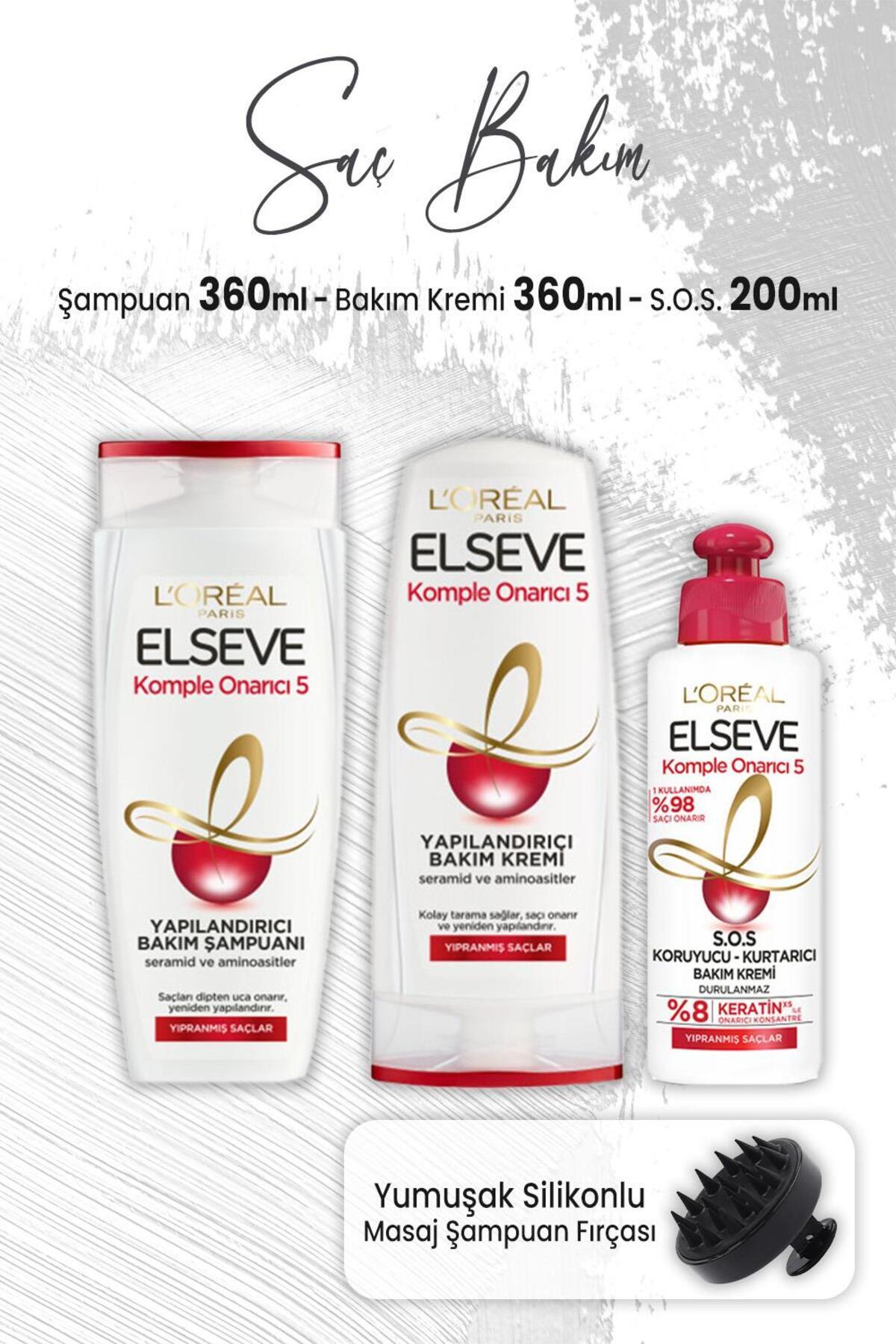 Komple Onarıcı 5 Şampuan 360 ml, Krem 360 ml, S.O.S Krem 200 ml ve Masaj Şampuan Fırçası Siya