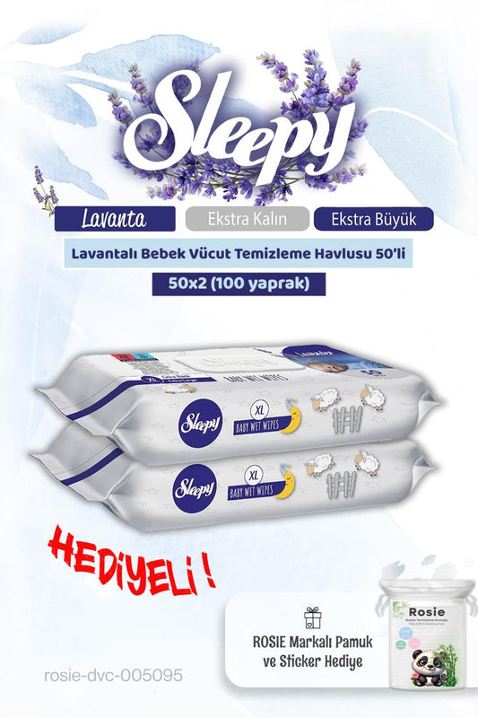 2 adet Lavantalı Bebek Vücut Temizleme Mendili 50'li ve Rosie Pamuk
