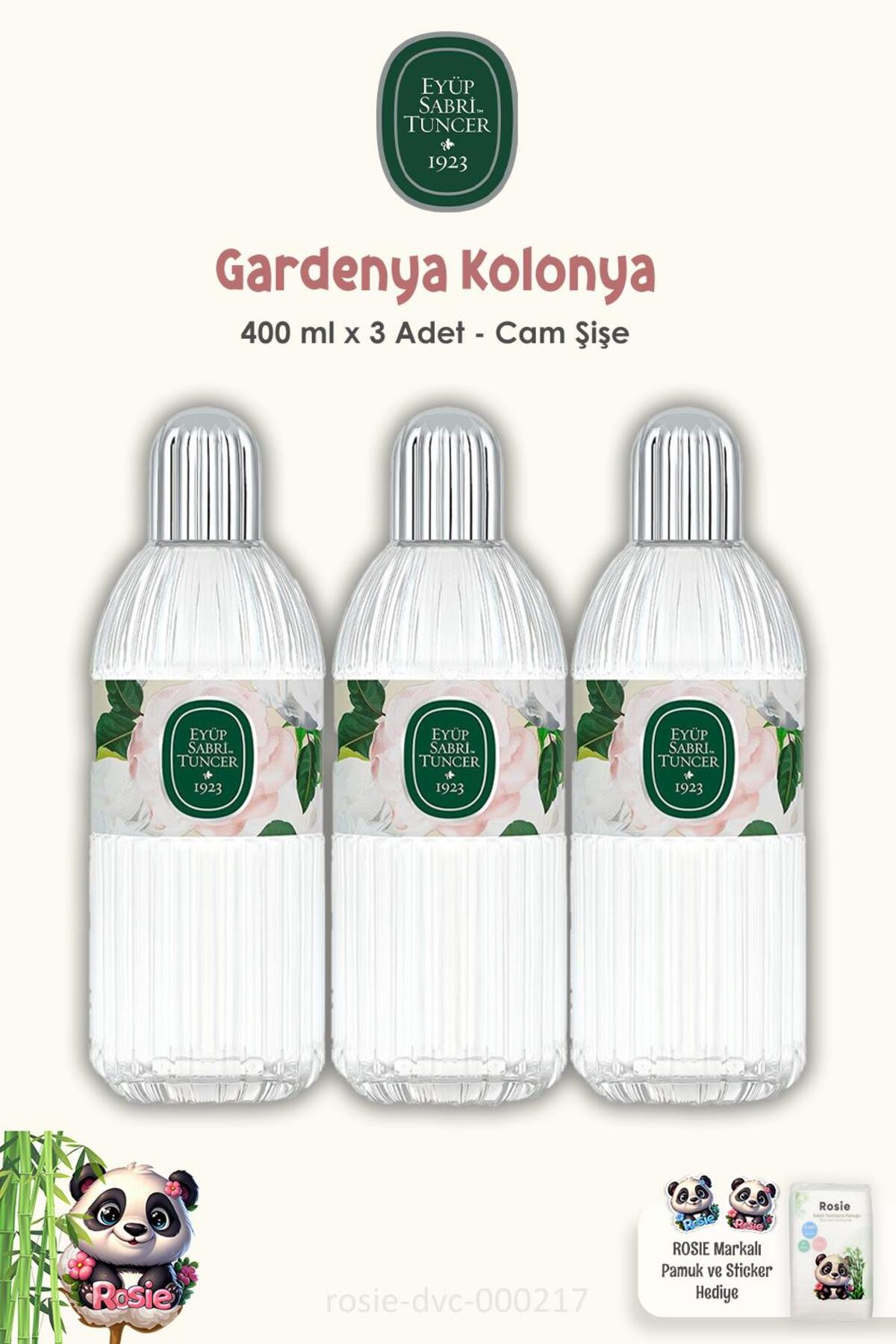 3'lü Eyüp Sabri Tuncer Gardenya Kolonyası Cam Şişe 400 ml ve ROSIE Pamuk 60'lı