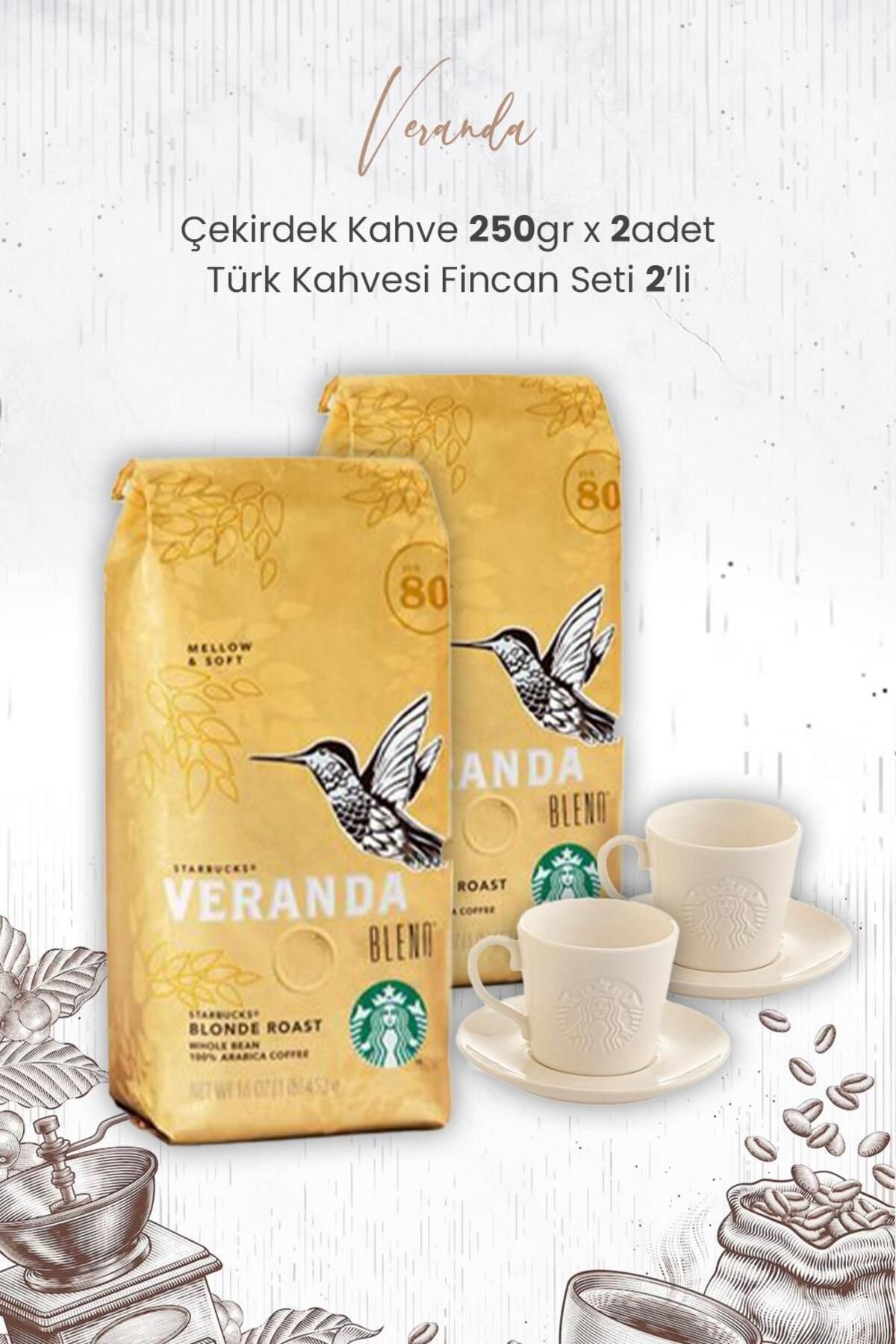 Veranda Arabica Çekirdek Kahve 250 gr x 2 Adet ve Türk Kahvesi Fincan Seti 2'li