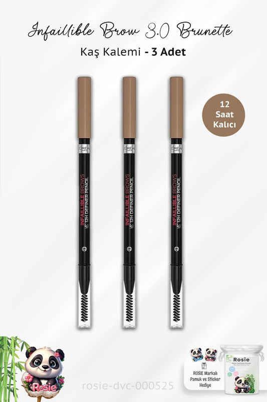 Loreal Paris 3 Adet Infaillible Brow 12H 3.0 Brunette Definer Pencil - Kaş Kalemi ve ROSIE