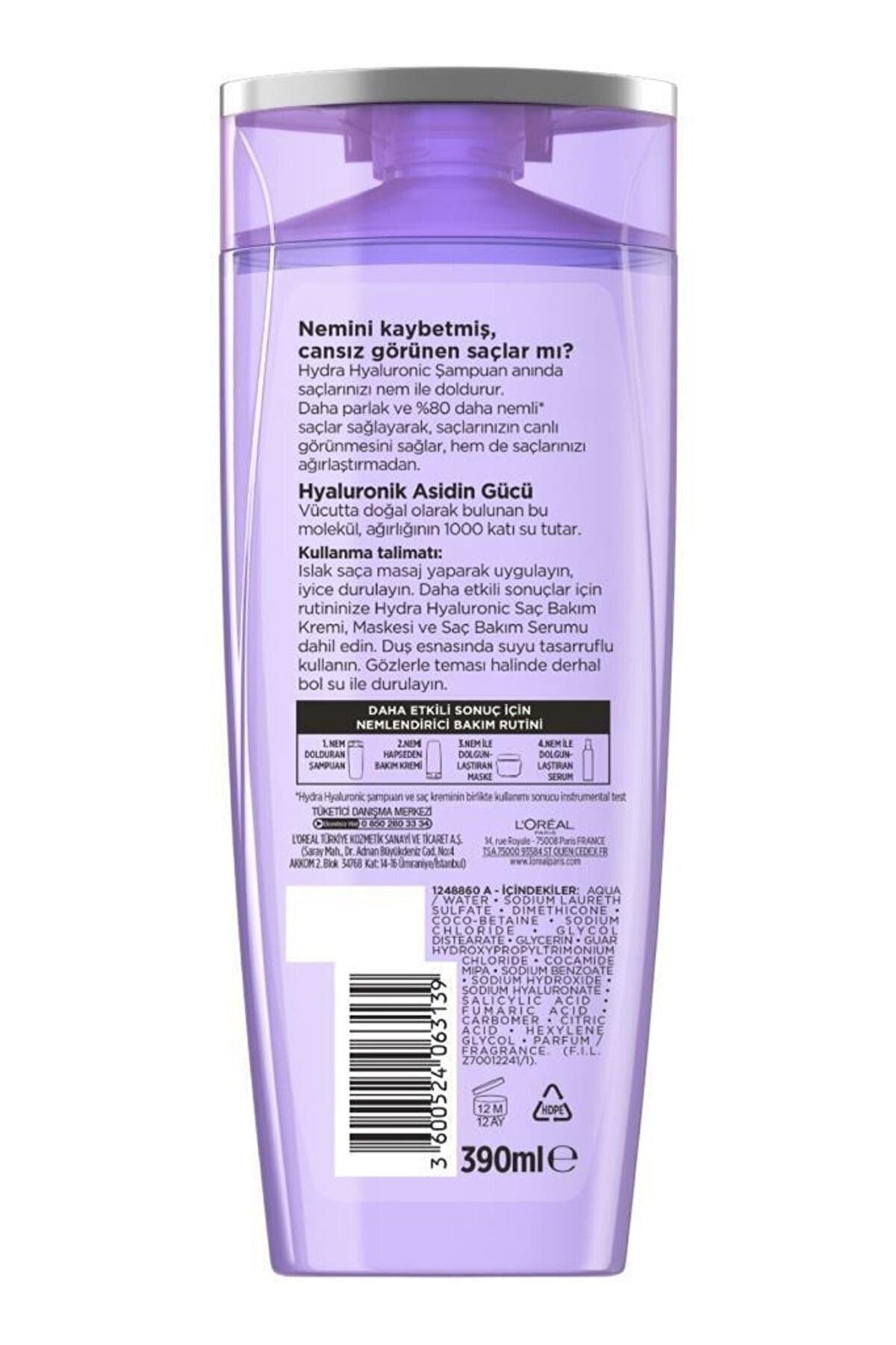 Loreal Hydra (HYALURONİK ASİT) Nem Dolduran Şampuan 360 ml X 3 Adet