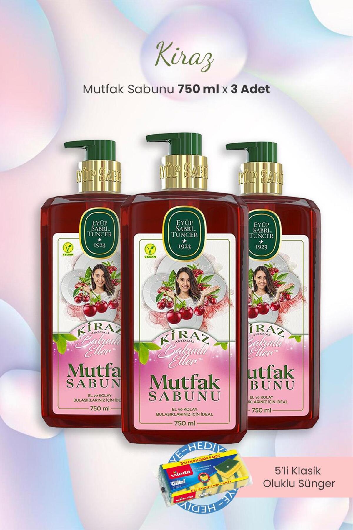 Kiraz Mutfak Sabunu 750 ml x 3 Adet ve Oluklu Sünger