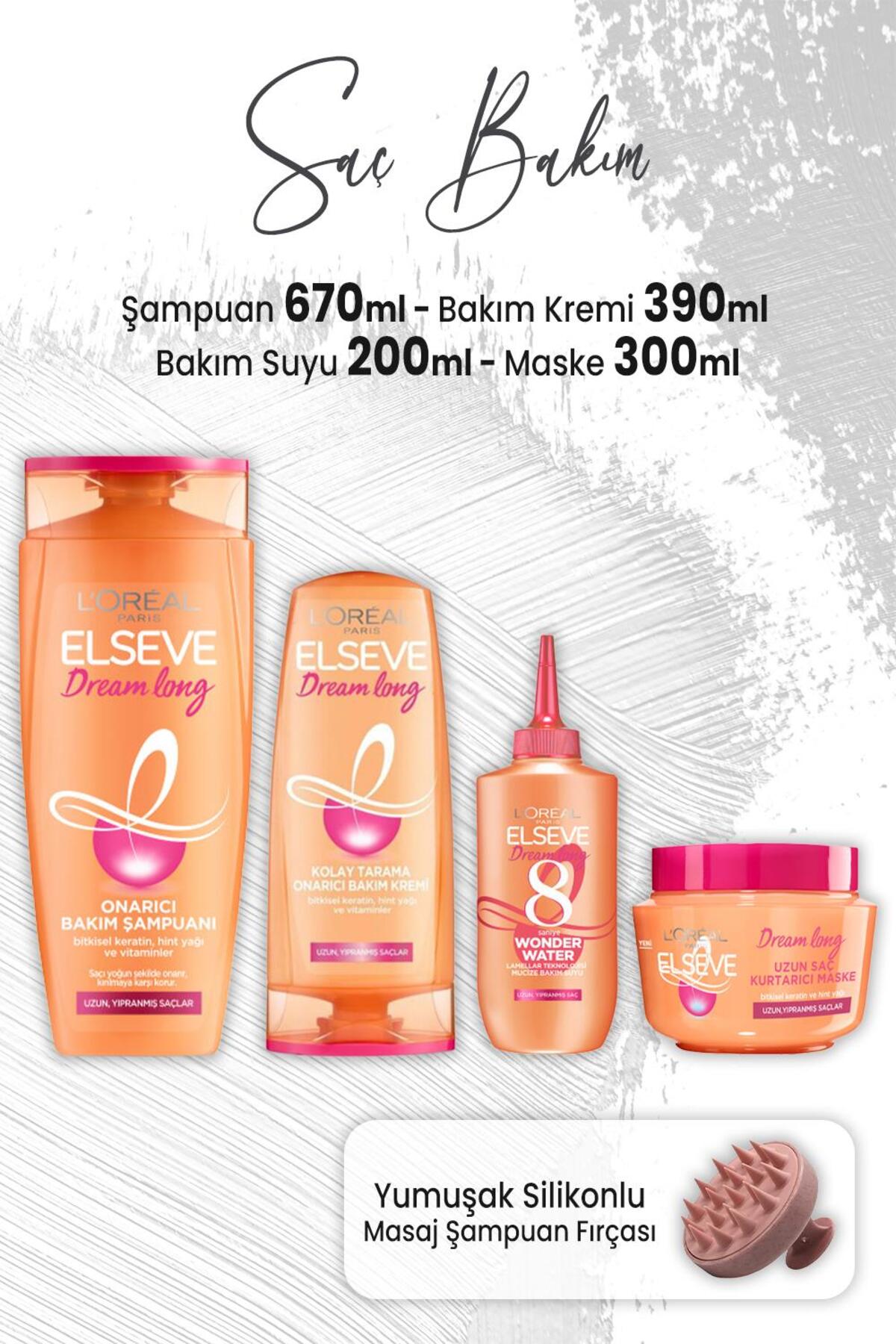 Dream Long Şampuan 670 ml, Krem 390 ml, Bakım Suyu 200 ml, Maske 300 ml ve Masaj Şampuan Fırç
