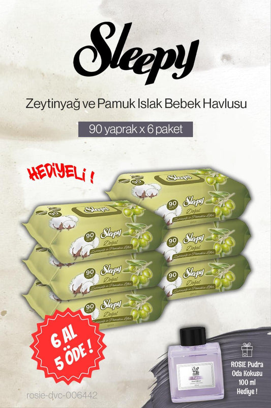 90'lı 6 AL 5 ÖDE Zeytinyağ ve Pamuklu Bebe Islak Havlu, Rosie Pudra Oda Kokusu