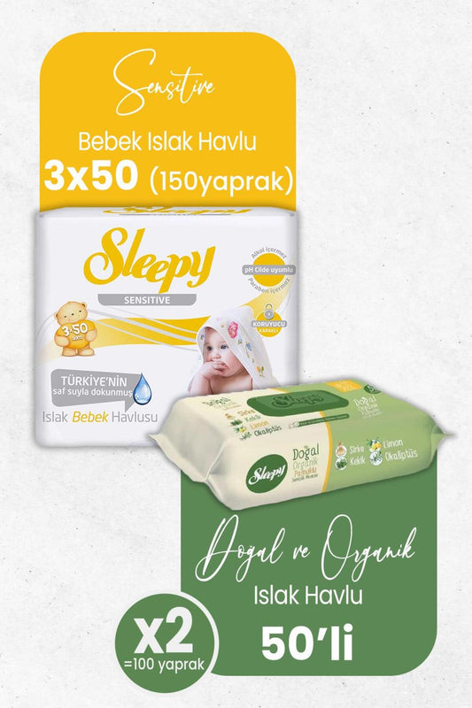 Islak Havlu Doğal Organik 50 x 2 (100 Yaprak) ve Sensitive Bebek 3x50' li