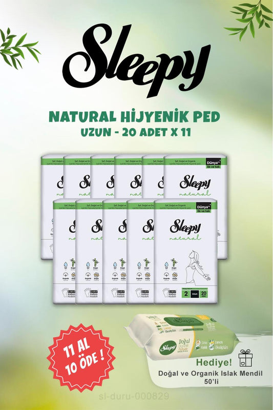 11 AL 10 ÖDE Sleepy Natural Uzun Ultra Hijyenik Ped 20 Adet ve Organik Islak Mendil 50 li