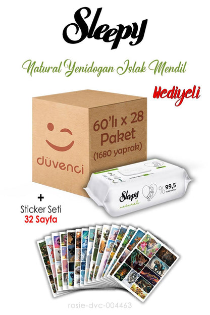 Natural Yenidoğan Islak Havlu 60x28 (1680 yaprak) ve Sticker Seti 32 Sayfa