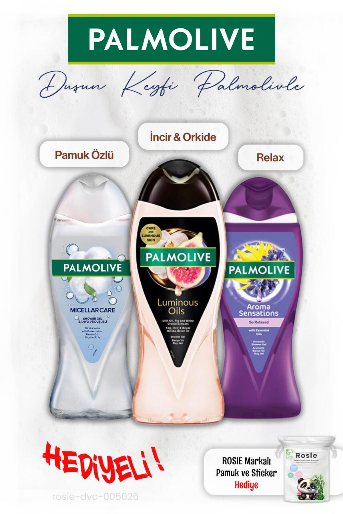 3'lü Duş Jeli İncir 250 ml, Pamuk Özü ve Relax 500 ml, ROSIE hediye