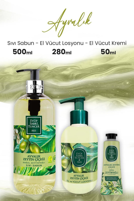 Ayvalık Zeytin Vücut Losyonu 280 ml, Sıvı Sabun 500 ml ve Krem 50 ml