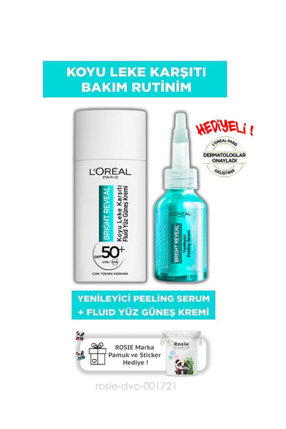 Loreal Paris Bright Reveal SPF 50+ Koyu Leke Karşıtı Yüz Güneş Kremi & Yenileyici Peeling Serum Seti