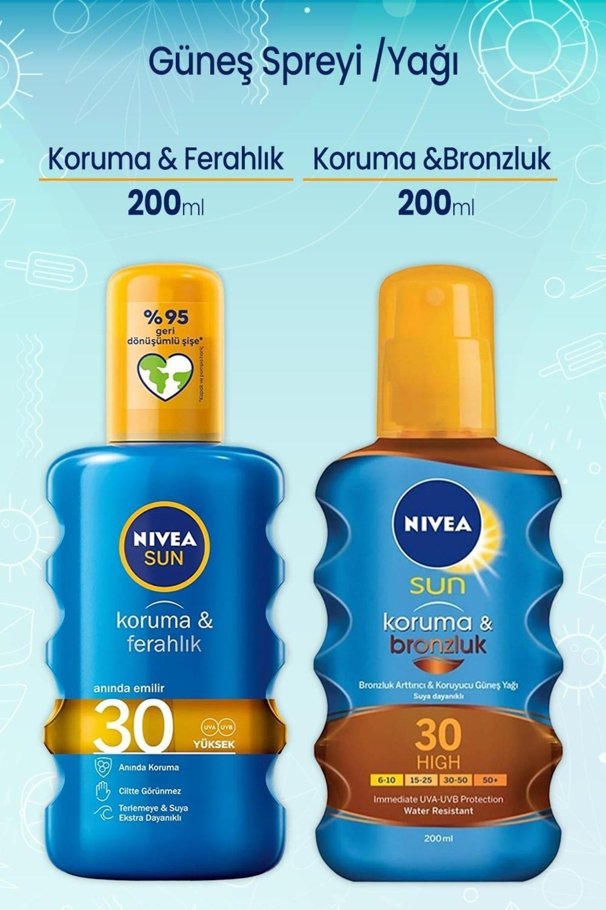 Sun Güneş Spreyi 200 Ml Koruma & Ferahlık 30 Ve Koruma Ve Bronzluk Güneş Yağı 30 200 Ml