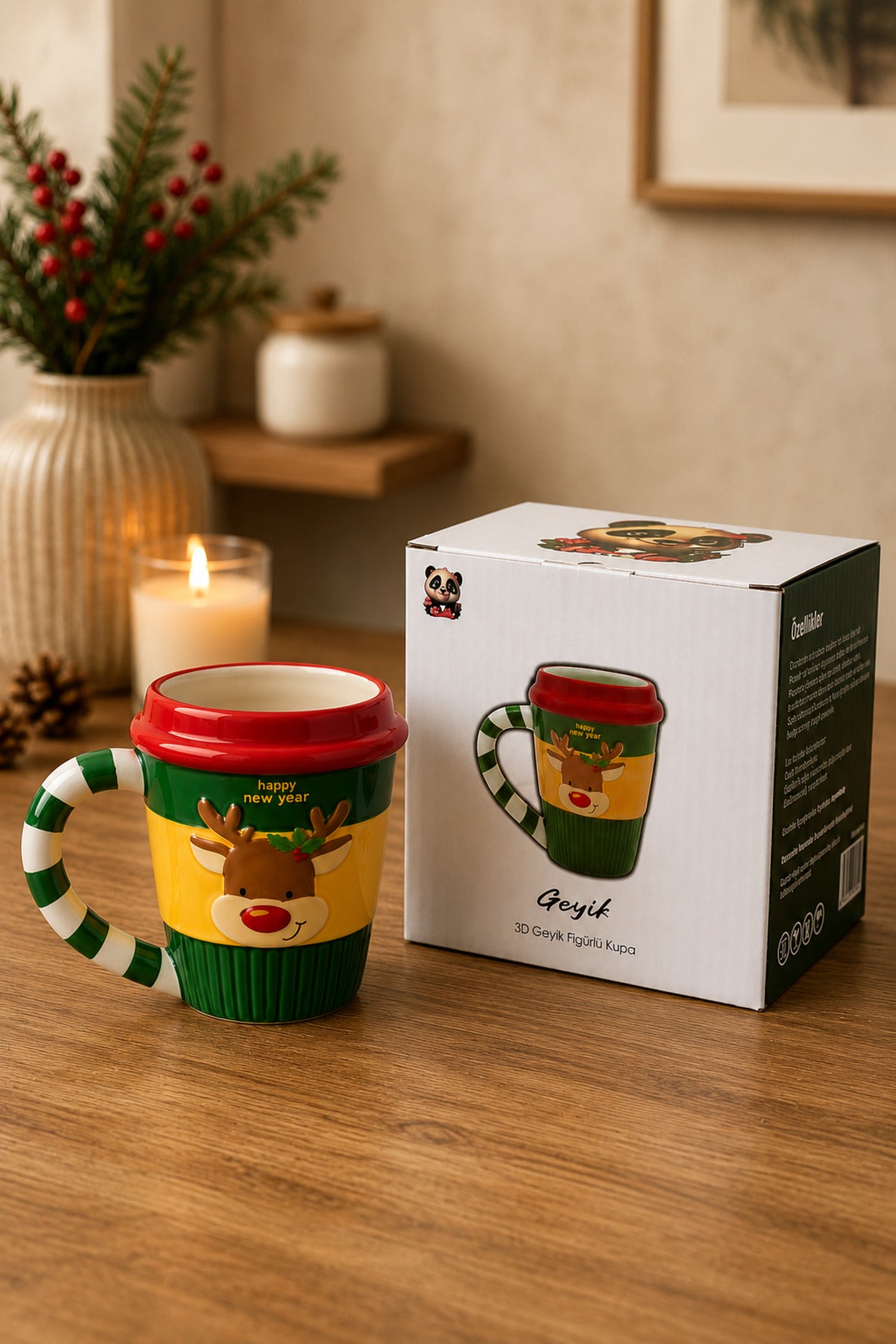 Yılbaşı Temalı El Yapımı Geyik Kupa, Hediyelik Kupa, Mug, 400 ml