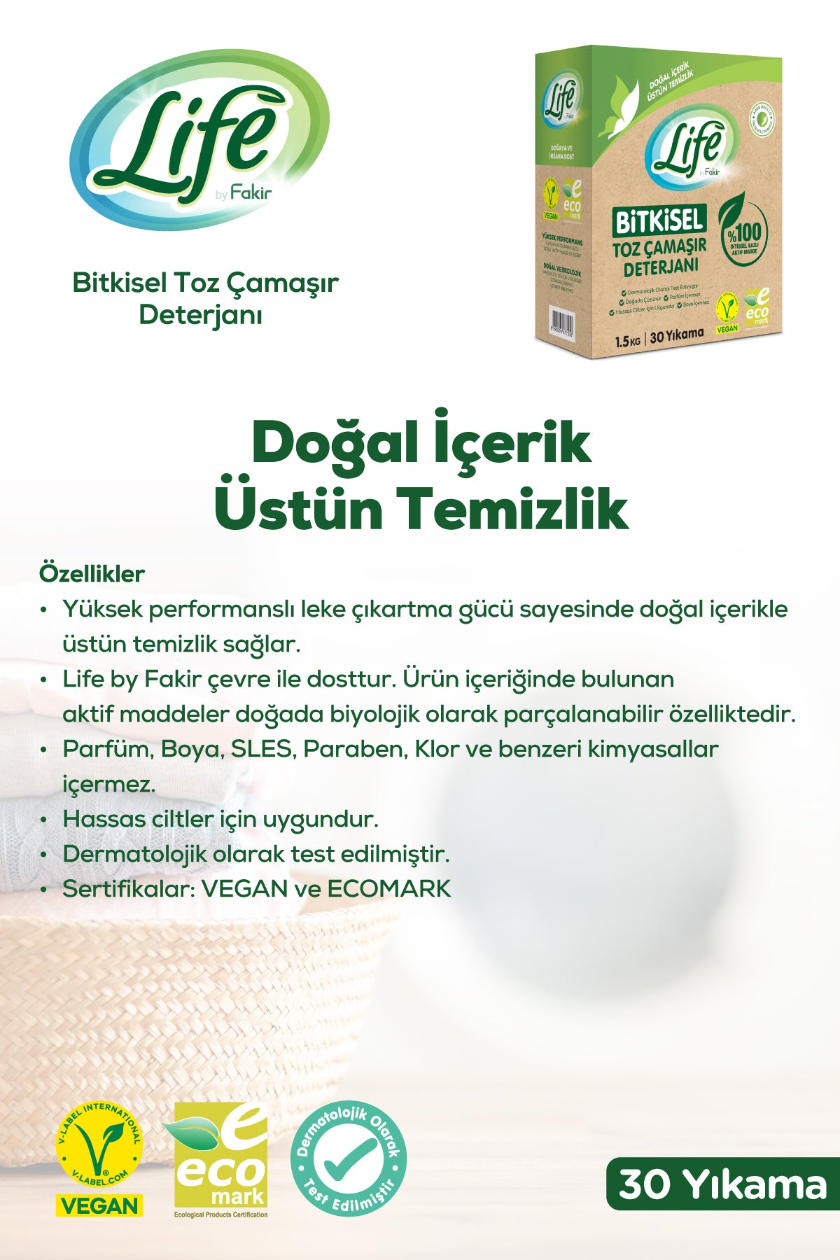 Vegan Doğal Toz Çamaşır Deterjanı Renkli Beyaz 1,5 Kg 3 Adet, %100 Doğal Temizlik