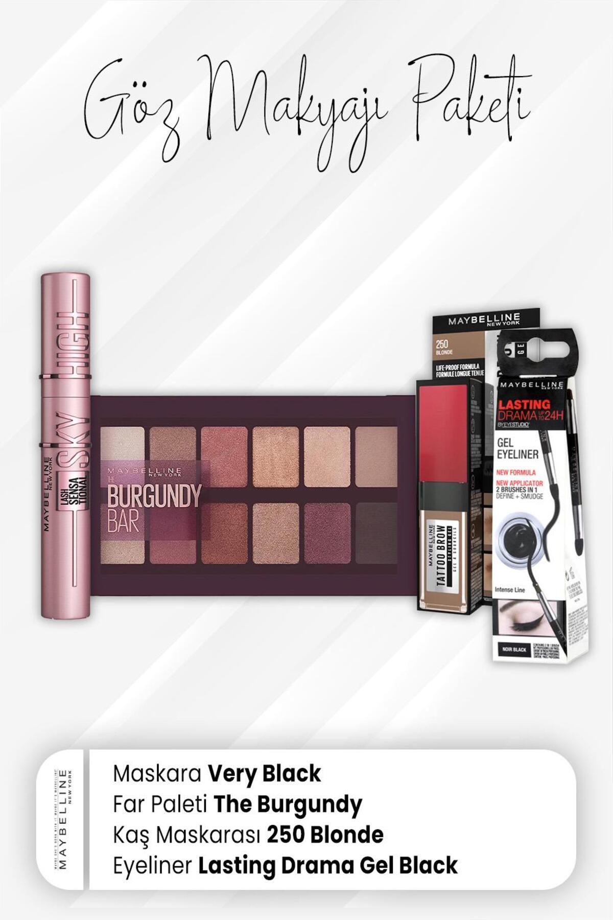 Drama Eyeliner Mat Siyah, Tatto Kaş Boyası 250, Far Paleti Burgundy ve Sky High