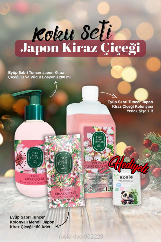 Losyon 280 ml, 1500ml Sıvı Sabun, kolonyalı mendil 150'li Japon Kiraz Çiçeği ve Rosie Pamuk
