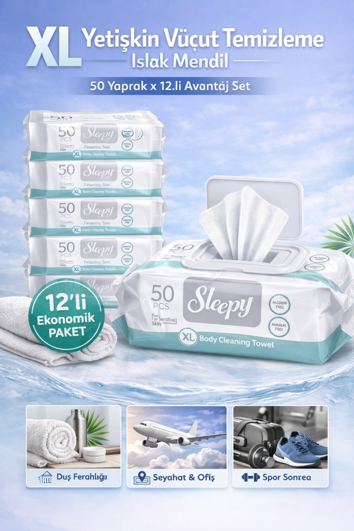 Hasta Vücut Temizleme Islak Mendil Havlu 50 Yaprak XL 12 Li Set ( NODEKAM KADIN PARFÜM HEDİYELİ )