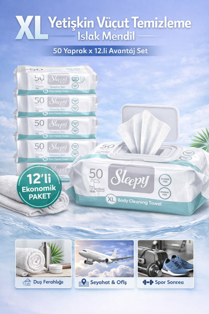 Hasta Vücut Temizleme Islak Mendil Havlu 50 Yaprak XL 12 Li Set ( NODEKAM KADIN PARFÜM HEDİYELİ )
