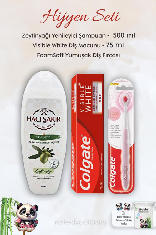 Visible White Diş Macunu 75 ml, FoamSoft Diş Fırçası, H. Şakir Zeytinyağlı Şampuan 500 ml