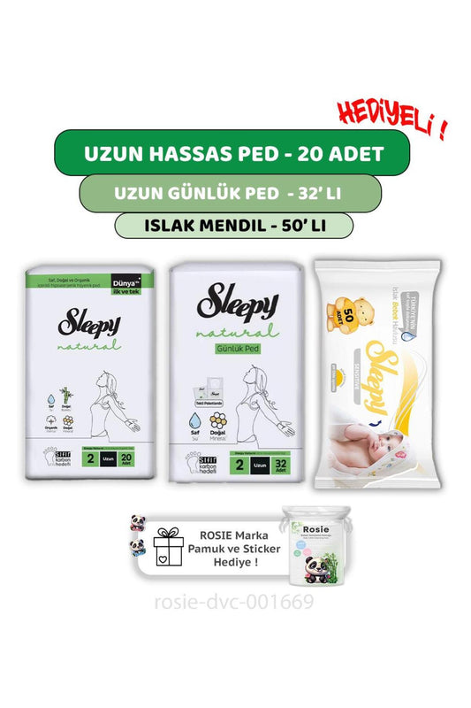 Natural Ultra Hassas Uzun Ped 20'li,Günlük Ped 32'li Sensitive 50'li Mendil ve ROSIE