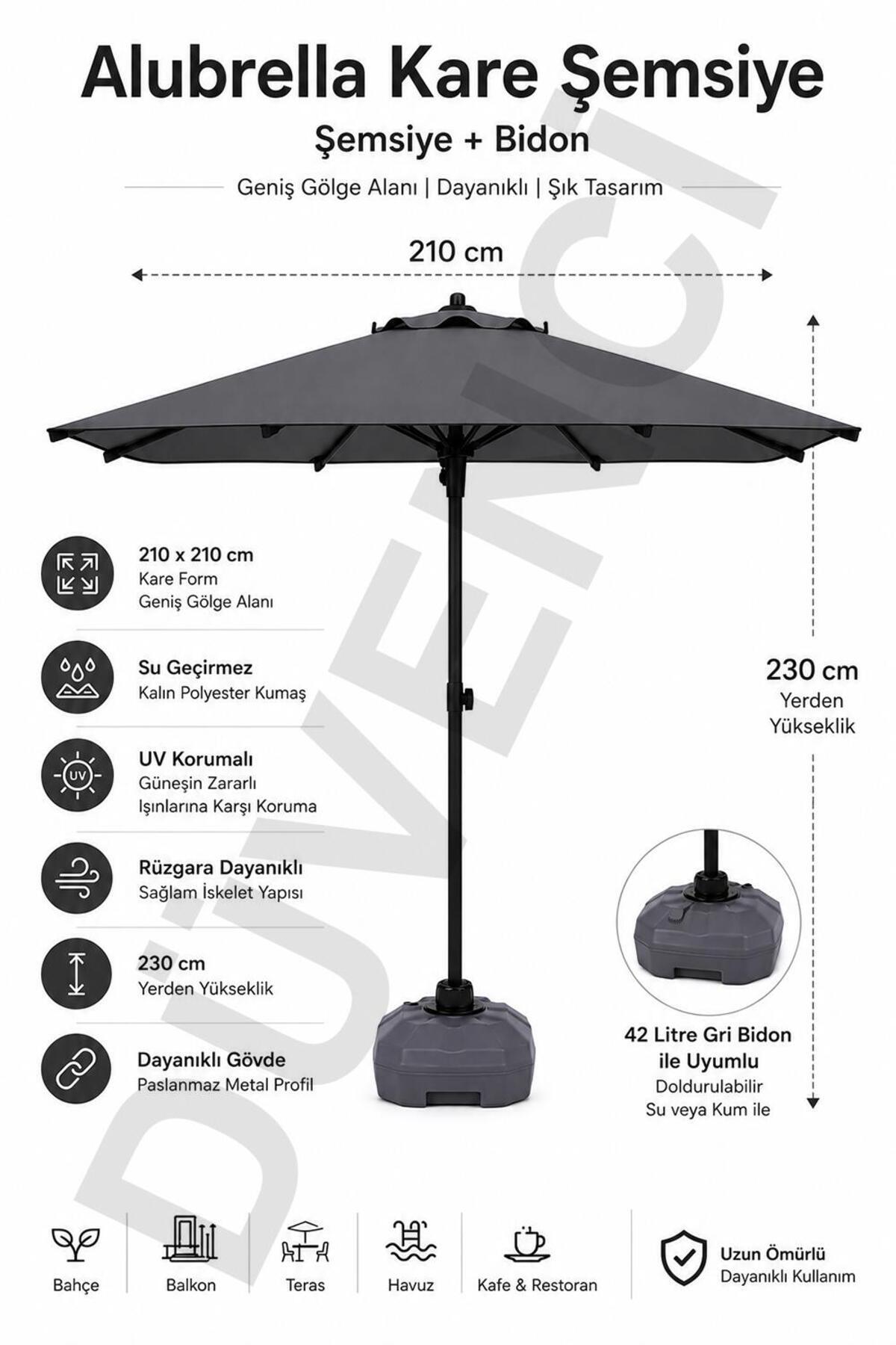 Alubrella Antrasit Kare Güneş Şemsiyesi, 210x210 / 8 Telli, BİDONLU