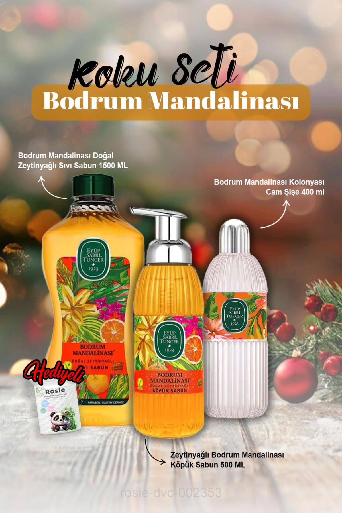 1500 ml Sıvı Sabun, Köpük Sabun 500 ml, Kolonya 400 ml Bodrum Mandalina ve Rosie Hediye