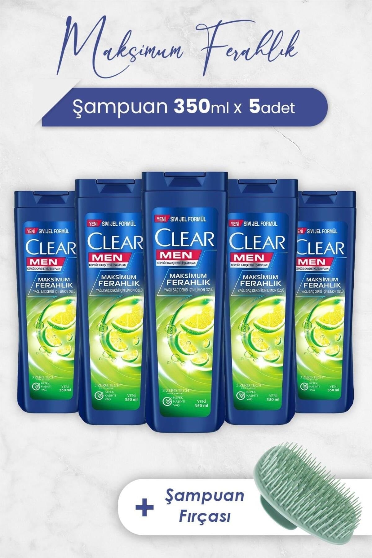 Men Şampuan Maksimum Ferahlık 350 ml x 5 Adet ve Şampuan Fırçası