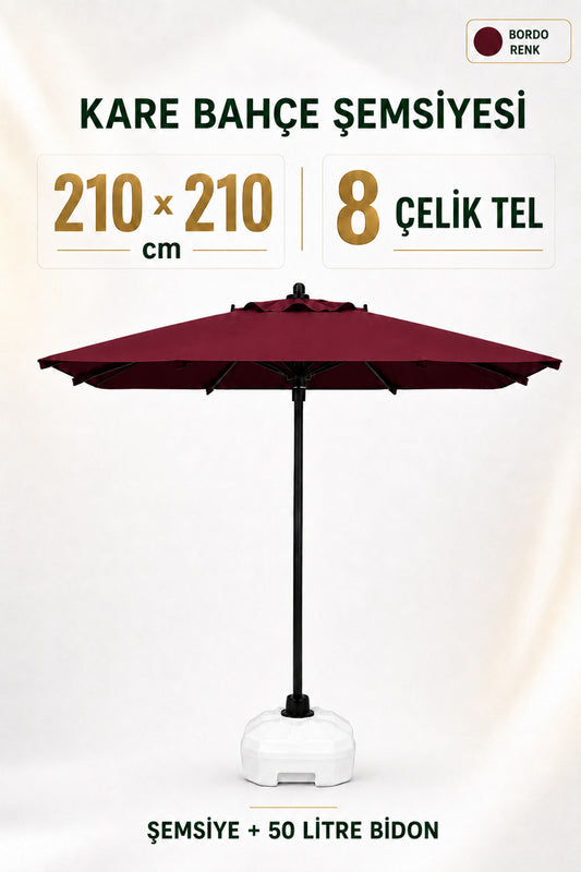 Alubrella Bordo 210x210 Kare 8 çelik tel Bahçe Şemsiyesi BİDONLU