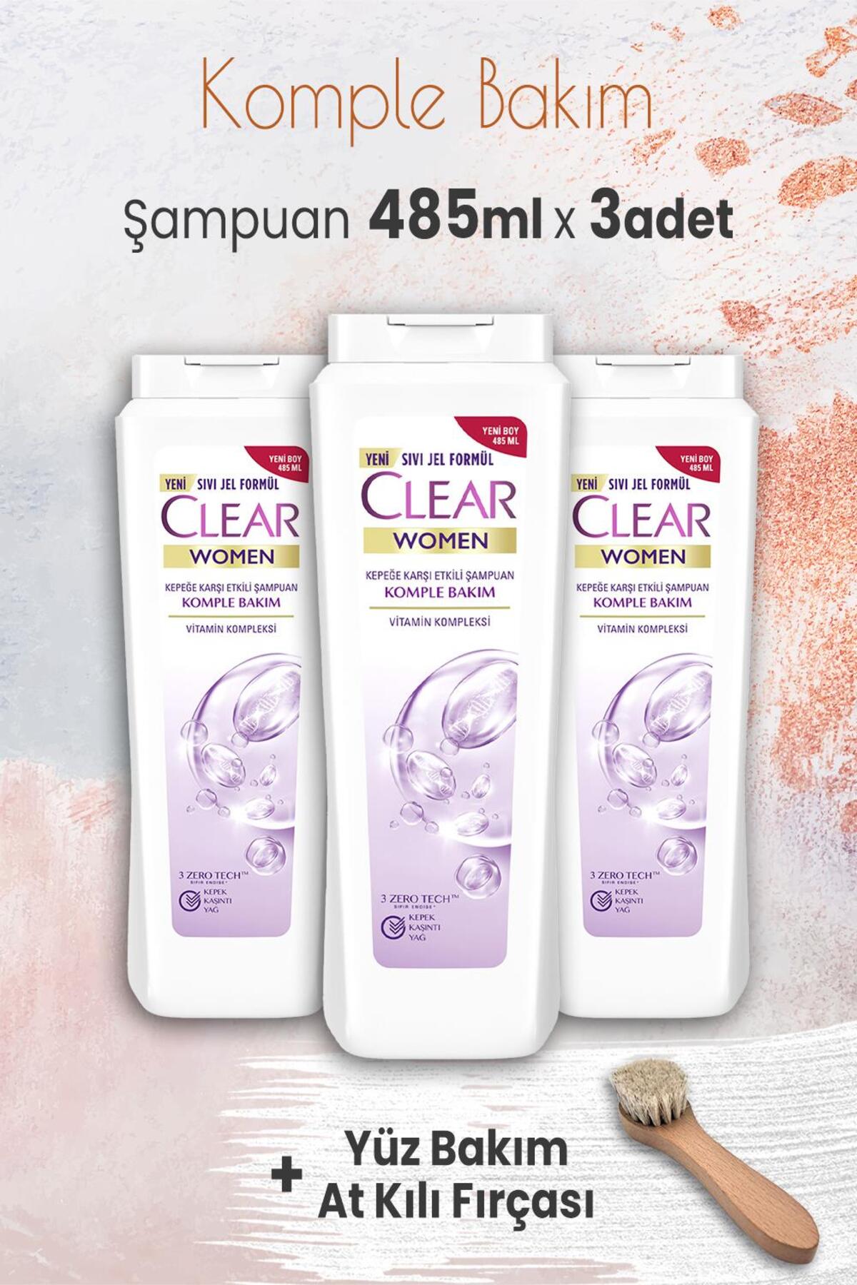 Women Komple Bakım Şampuan 485 ml x 3 Adet ve Yüz Bakım At Kılı Fırçası