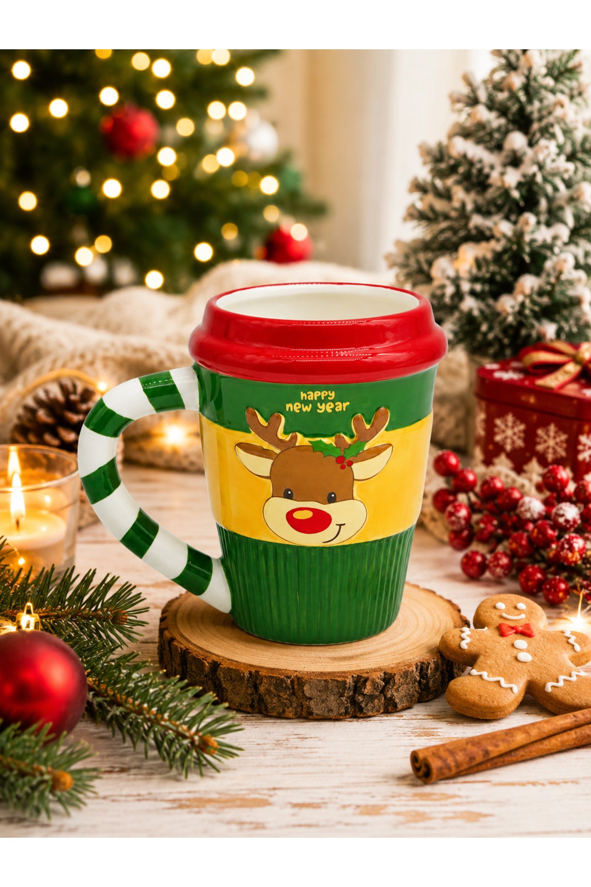 Yılbaşı Temalı El Yapımı Geyik Kupa, Hediyelik Kupa, Mug, 400 ml