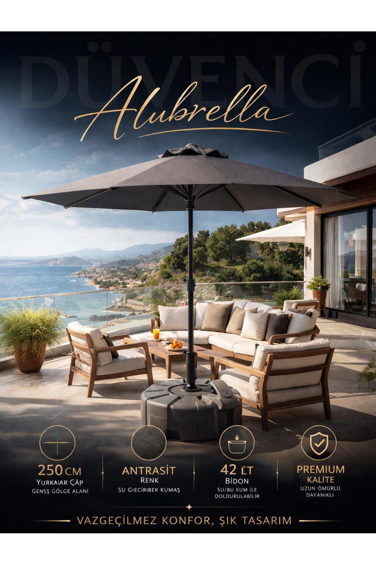 Alubrella Antrasit Renk Bahçe Şemsiyesi Yuvarlak, 250 CM Çaplı, Su Geçirmez Kumaş, Bidonlu