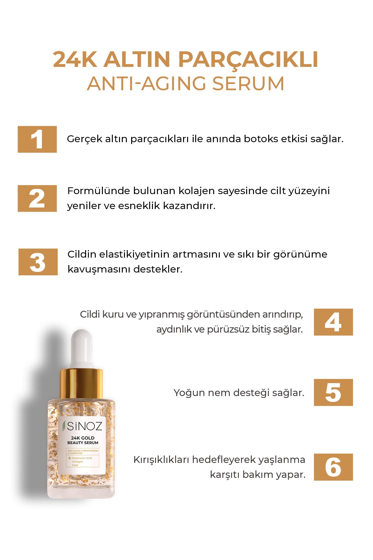 24K Altın Parçacıklı Hyalüronik Asit Kolajen içeren Kırışıklık Karşıtı Cilt Bakım Serumu 30 ml