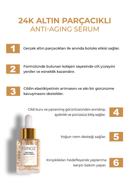 24K Altın Parçacıklı Hyalüronik Asit Kolajen içeren Kırışıklık Karşıtı Cilt Bakım Serumu 30 ml