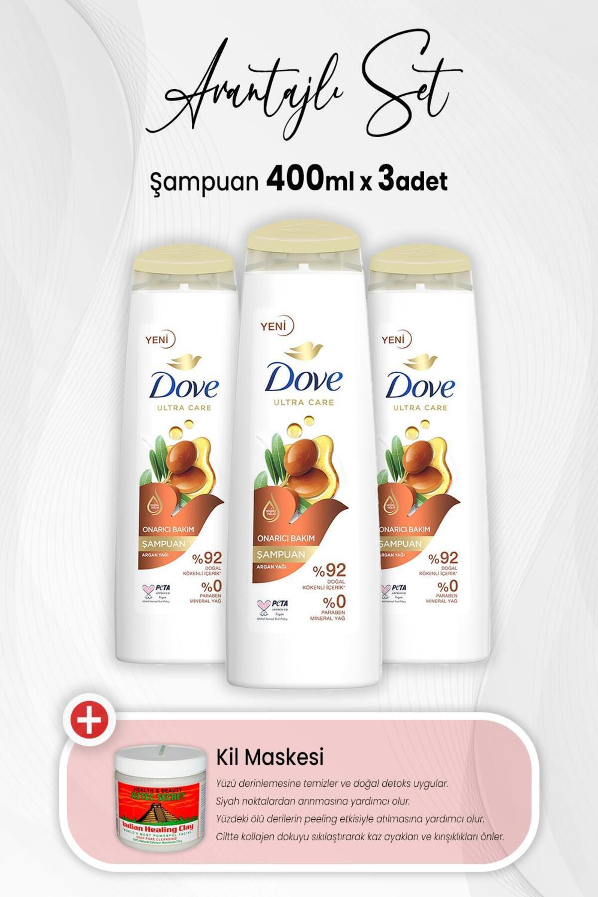 Ultra Care Onarıcı Bakım Argan Yağı Şampuan 400 ml x 3 Adet ve Kil Maskesi
