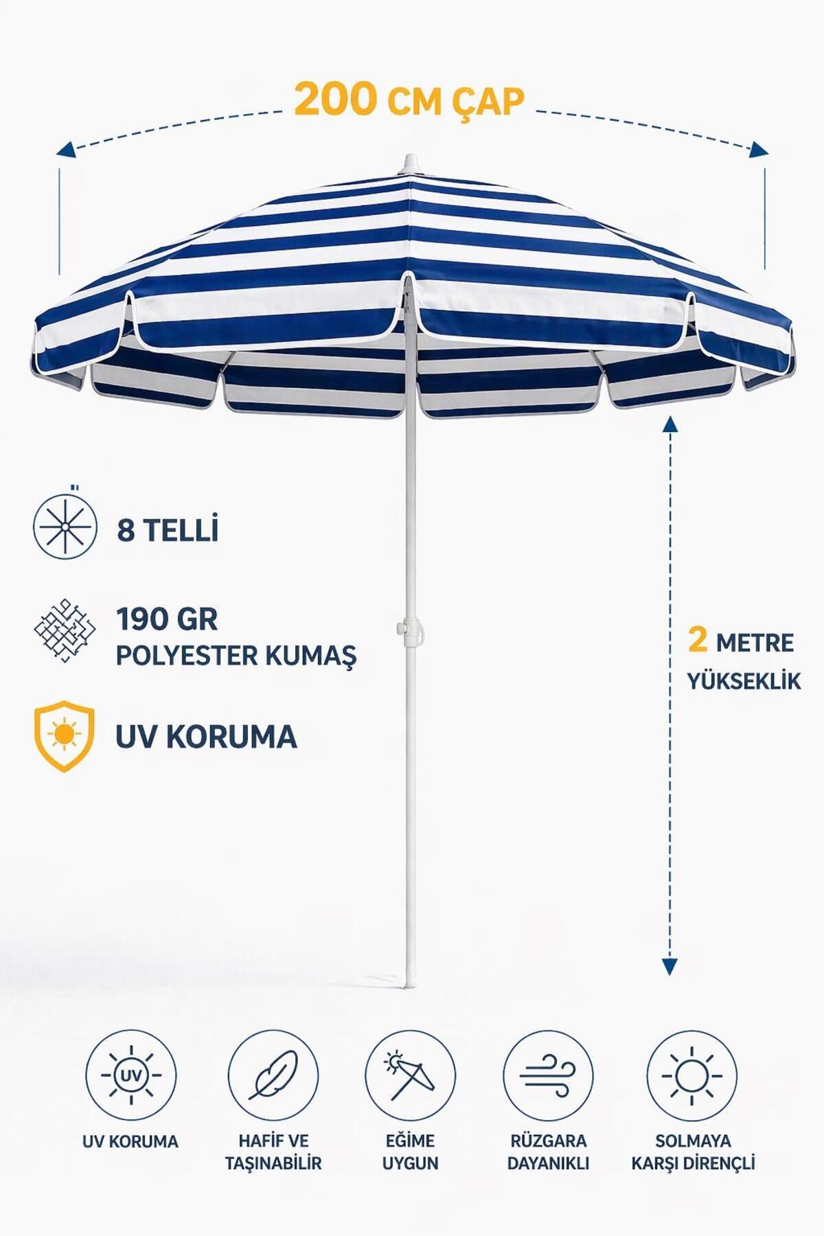 8 Telli-200 Cm Mavi Beyaz Plaj Bahçe Balkon Şemsiyesi, Eğilebilen Şemsiye