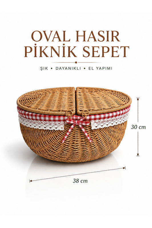 Piknik Sepeti Oval Hasır Detaylı 38 cm