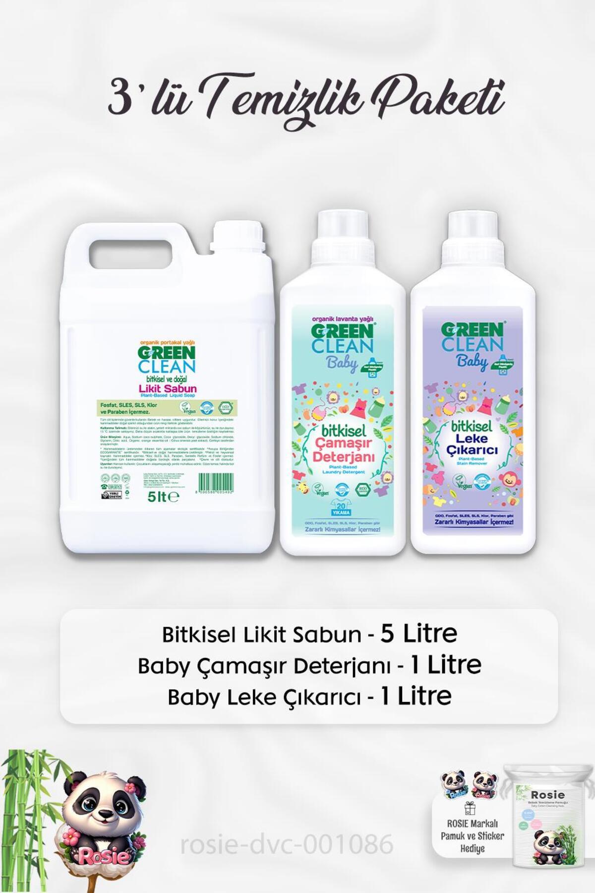 Likit Sabun Portakal Yağlı 5 lt, Baby Çamaşır Deterjanı 1 lt, Leke Çıkarıcı 1 lt ve ROSI
