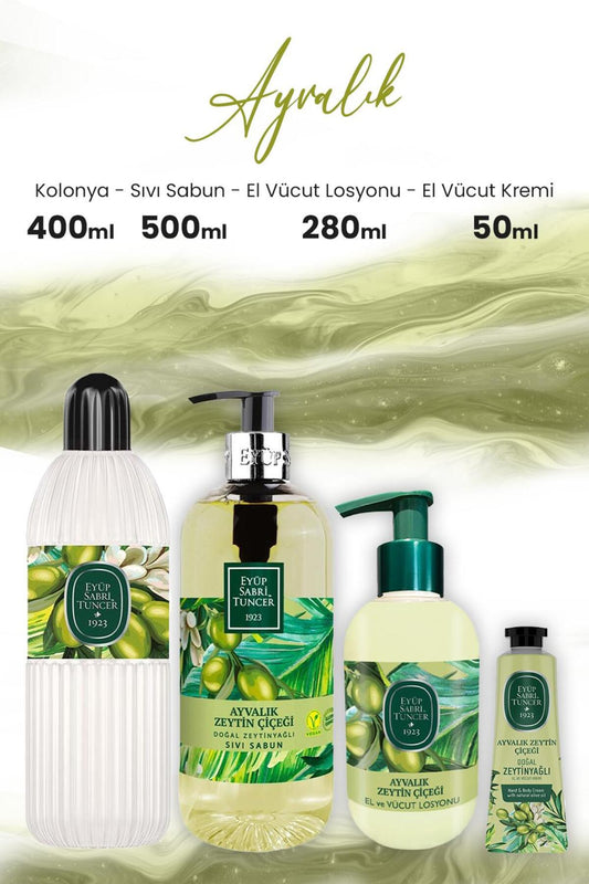 Ayvalık Zeytin Vücut Losyonu 280 ml, Sıvı Sabun 500 ml, Kolonya 400 ml ve Krem 50
