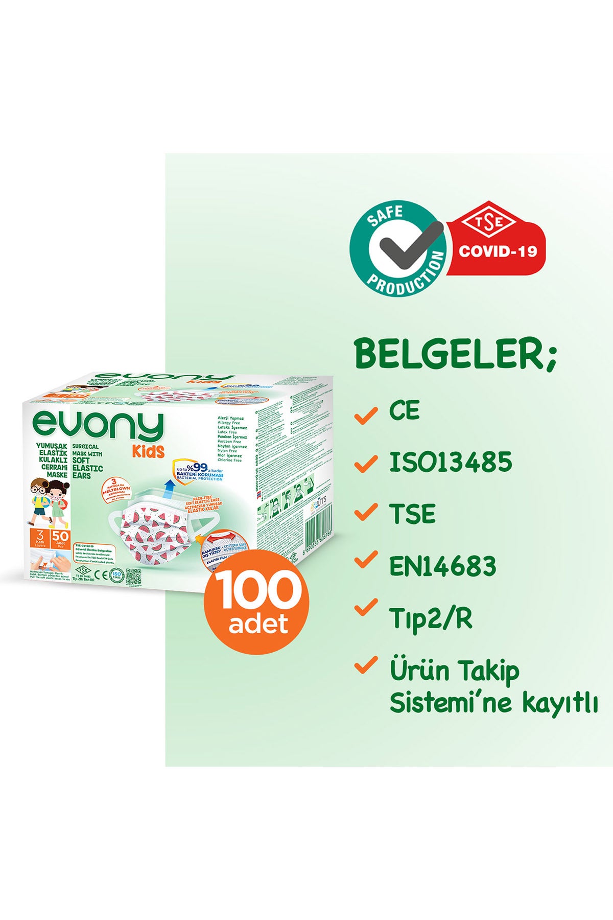 Elastik Kulaklı Çocuk Kıds Maske 100 Adet