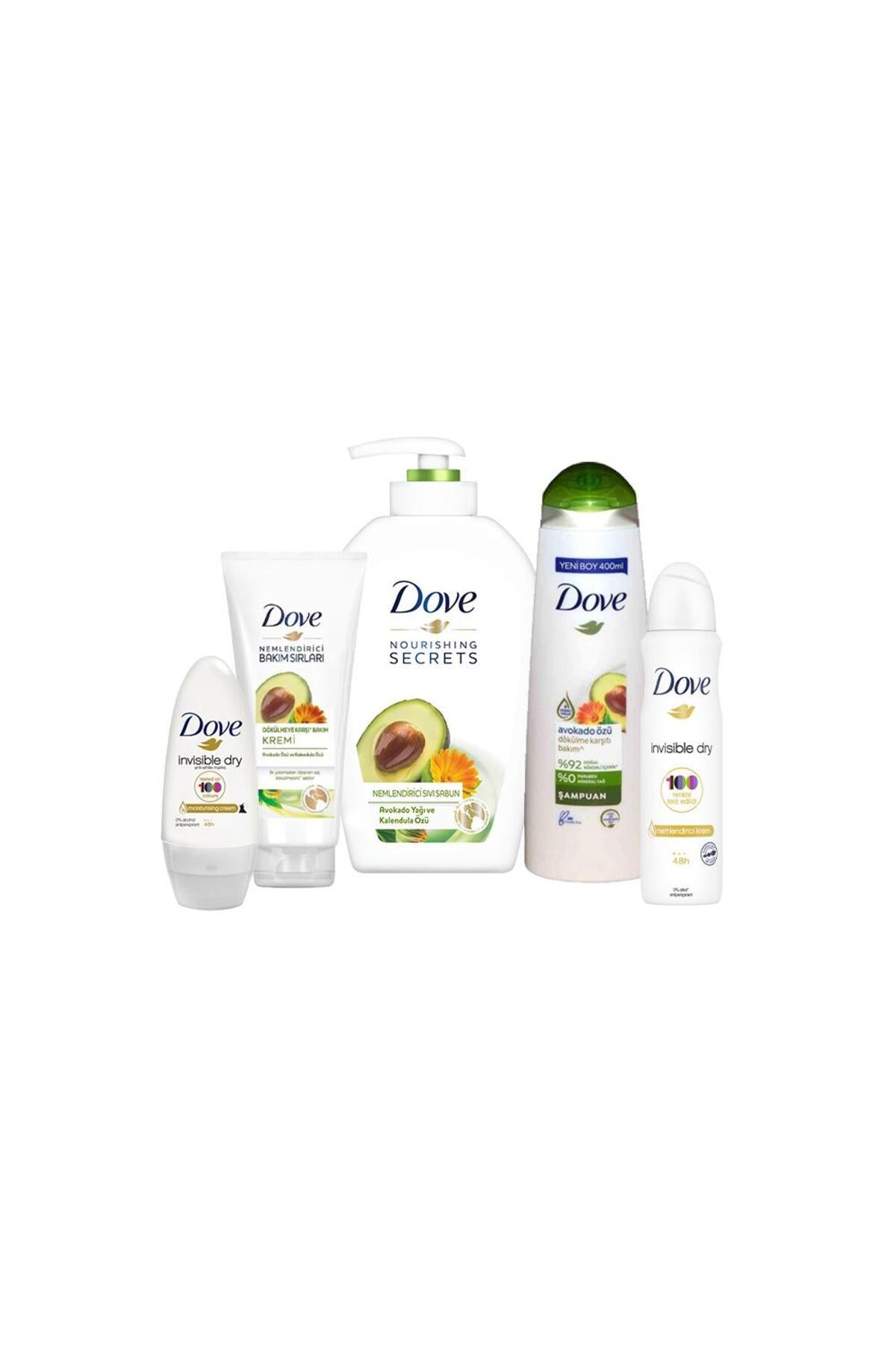 Avokado Yağlı Sıvı Sabun, Şampuan, Saç Kremi, Invisible Dry Roll-On ve Sprey Deodorant