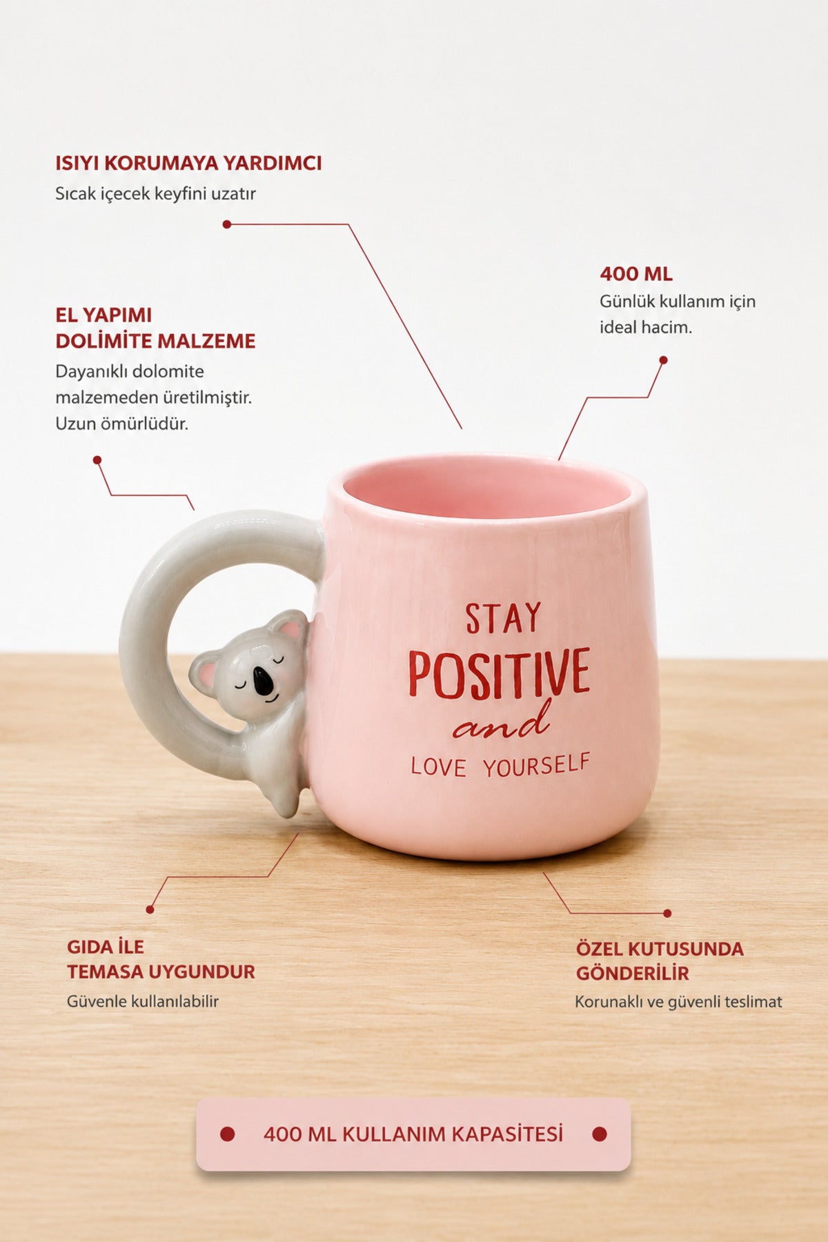 Koala Figürlü Dolomite Kupa Mug, 400 ml