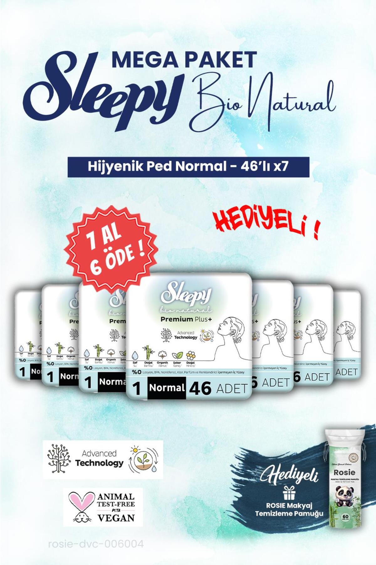 Mega Paket 7 AL 6 ÖDE Bio Hijyenik ped 46'lı Normal ve ROSIE makyaj pamuğu