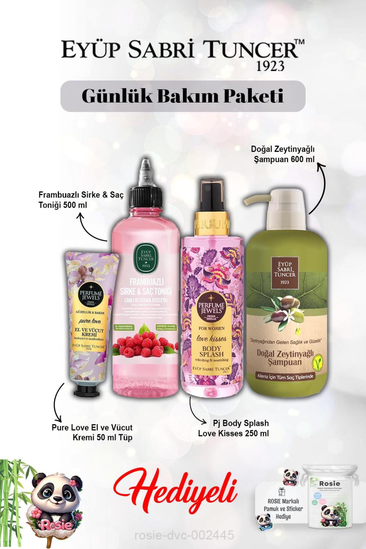 Vücut Spreyi Love Kisses ve Pure Love Krem, Zeytinyağlı Şampuan, Frambuaz Tonik ve Rosie