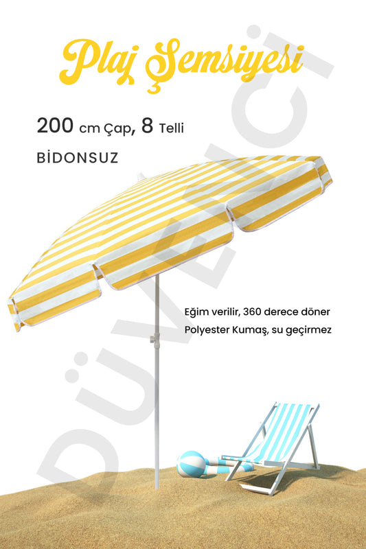 8 Telli - 200 Cm Plaj Şemsiyesi, Bahçe Şemsiyesi, Balkon Şemsiyesi, Eğilebilen Şemsiye