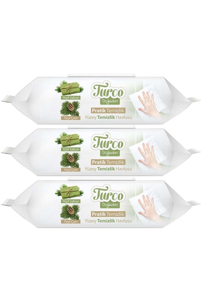 Turco Doğadan Pratik Yüzey Temizlik Havlusu 100 Yaprak Yeşil Sabun/Yeşil Çam (3 Lü Set) 3