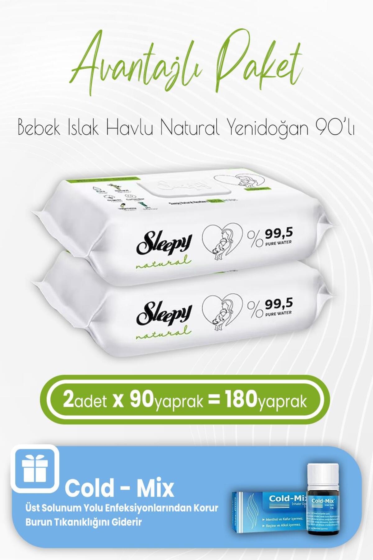 Natural Yenidoğan Islak Mendili 90 Adet x 2 Adet ve Cold-Mix 5 ml (Mavi)