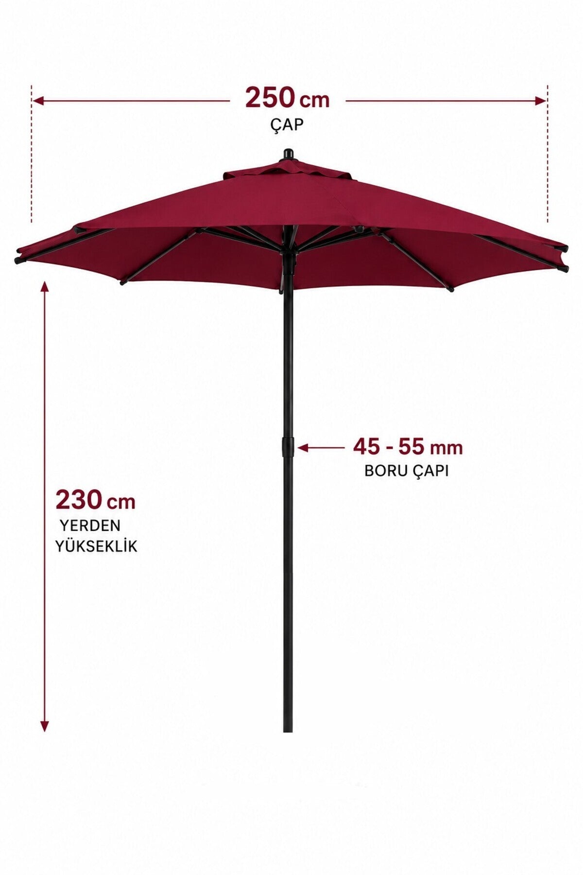 Alubrella Yuvarlak Bahçe, Güneş Şemsiyesi Bordo 250 cm çap/8 çelik tel BİDONSUZ
