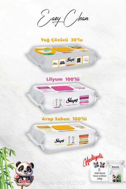 Arap Sabun ve Lilyum Katkılı 100'lü, Yağ Çözücü 30'lu Temizlik Havlusu ve Rosie Hediye